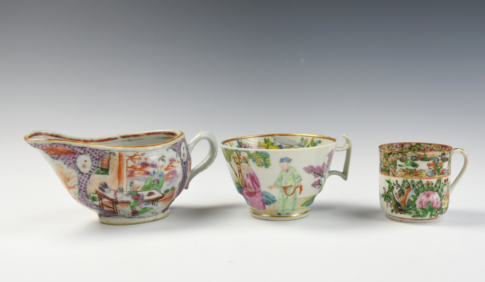 Appraisal: THREE CHINESE CANTONESE GLAZED CUPS MILK MUG A piece lot