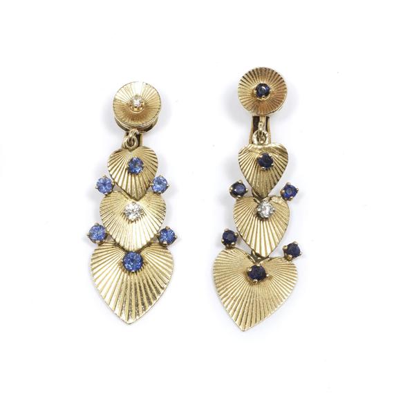 Appraisal: SAPPHIRE DIAMOND AND GOLD EAR PENDANTS circa Yellow gold Decorative