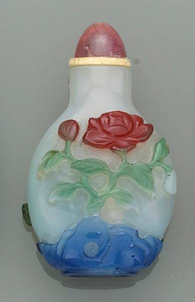 Appraisal: A five color overlay-decorated glass snuff bottle th century Of