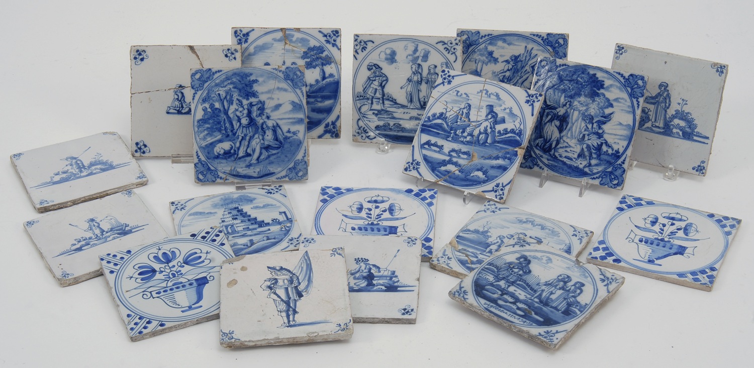 Appraisal: EIGHTEEN VARIOUS DELFT BLUE AND WHITE POTTERY TILES Late th-