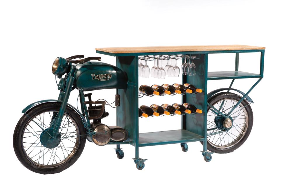 Appraisal: Vintage Motorbike Bar Cart blue paint Triumph sticker wood top