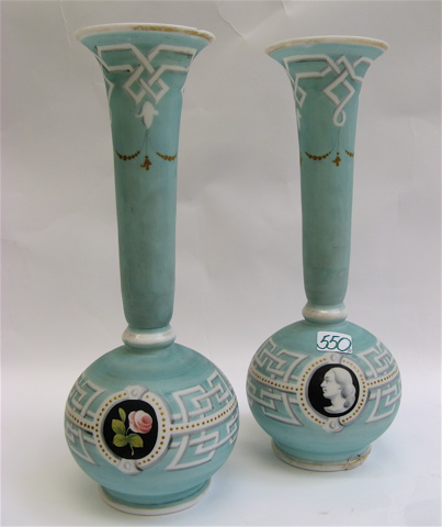 Appraisal: PAIR OF HAND PAINTED GLASS LAMP BASES in bulbous vase