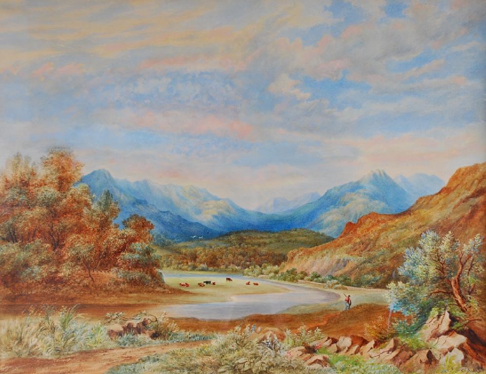 Appraisal: CHARLES FREDERICK BUCKLEY WATERCOLOUR DRAWING Mountainous river landscape with cattle