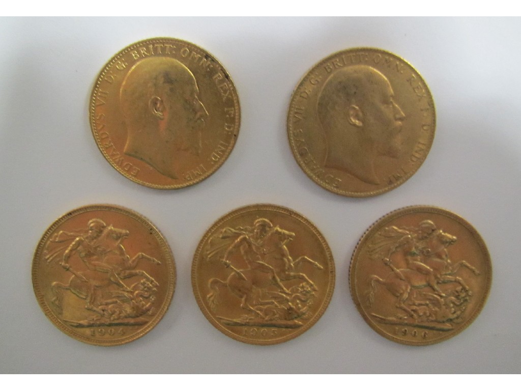 Appraisal: Five Edward VII head sovereigns dated