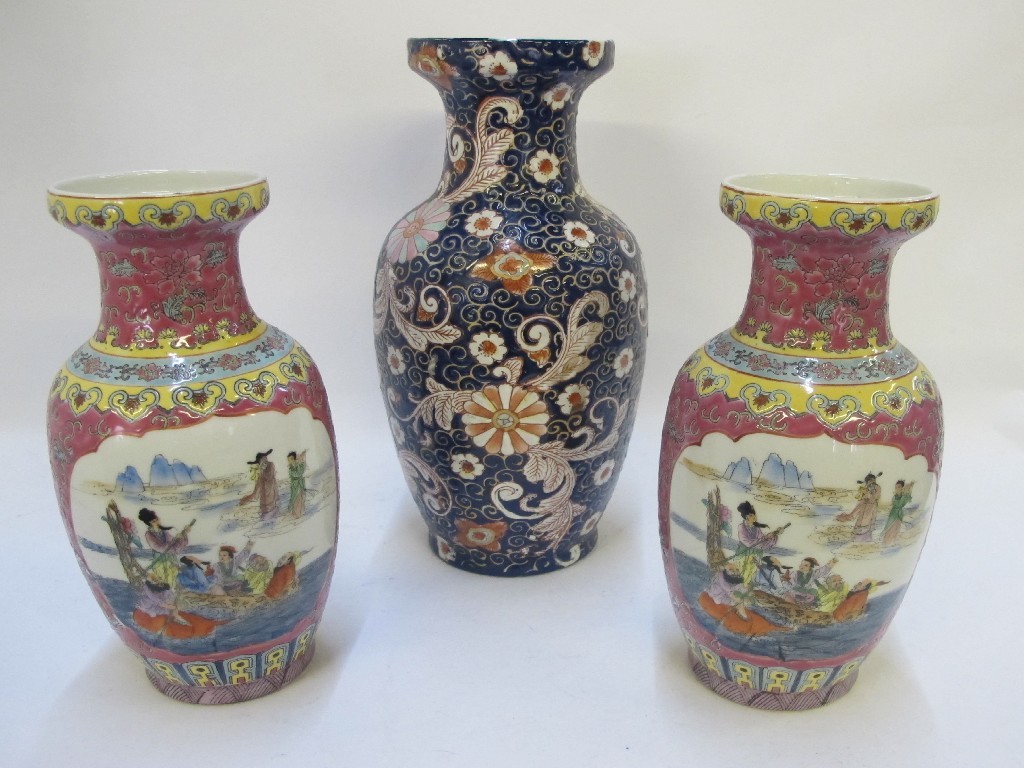 Appraisal: Pair of Chinese famille rose vases and an Imari palette