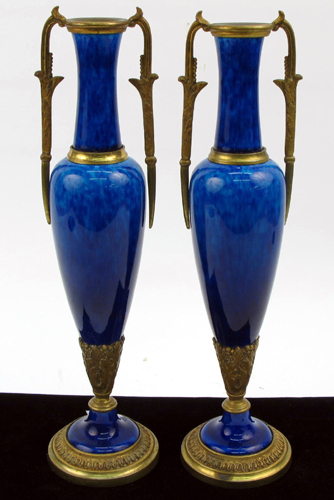 Appraisal: PAIR OF FRENCH SEVRES PORCELAIN CANDLESTICK URNS having cobalt blue