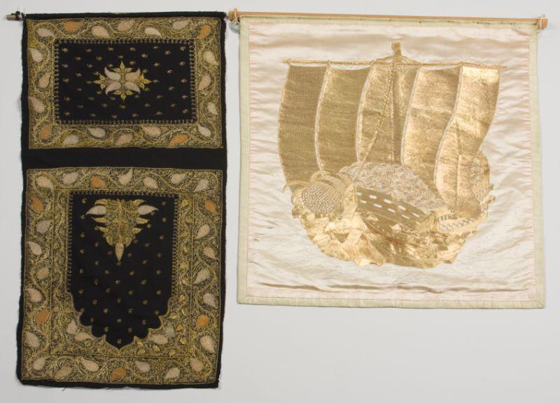 Appraisal: Two Embroidered Wall Hangings the first a Japanese fokusa converted