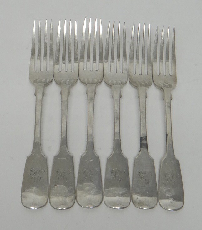 Appraisal: Five Victorian silver fiddle pattern table forks London and another