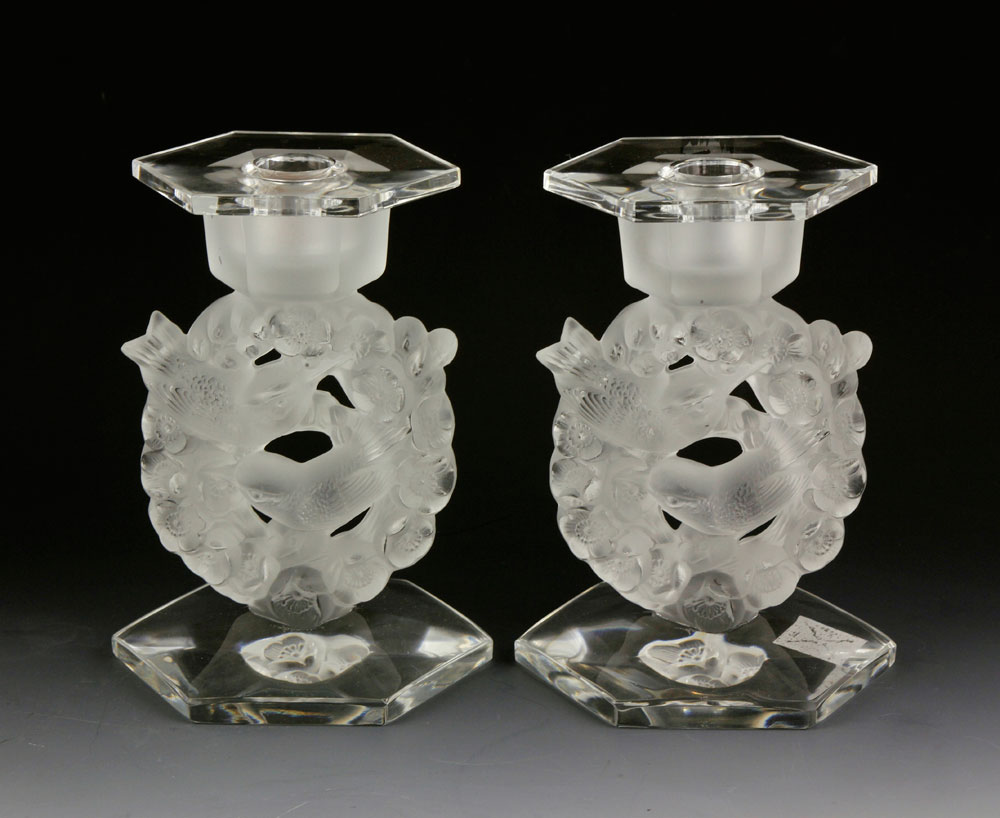 Appraisal: - Pr Lalique Candlesticks Pair of mid th century Lalique