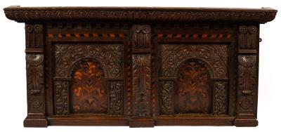 Appraisal: A Charles II oak and inlaid twin panel overmantel the