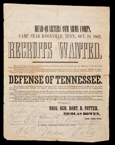 Appraisal: TENNESSEE - Recruiting Broadside Head-Quarters th Army Corps Camp Near