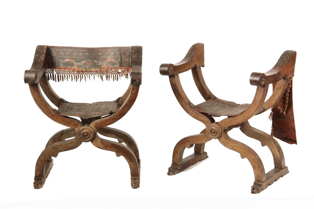 Appraisal: PAIR OF ITALIAN COURT CHAIRS - th c Walnut Curule