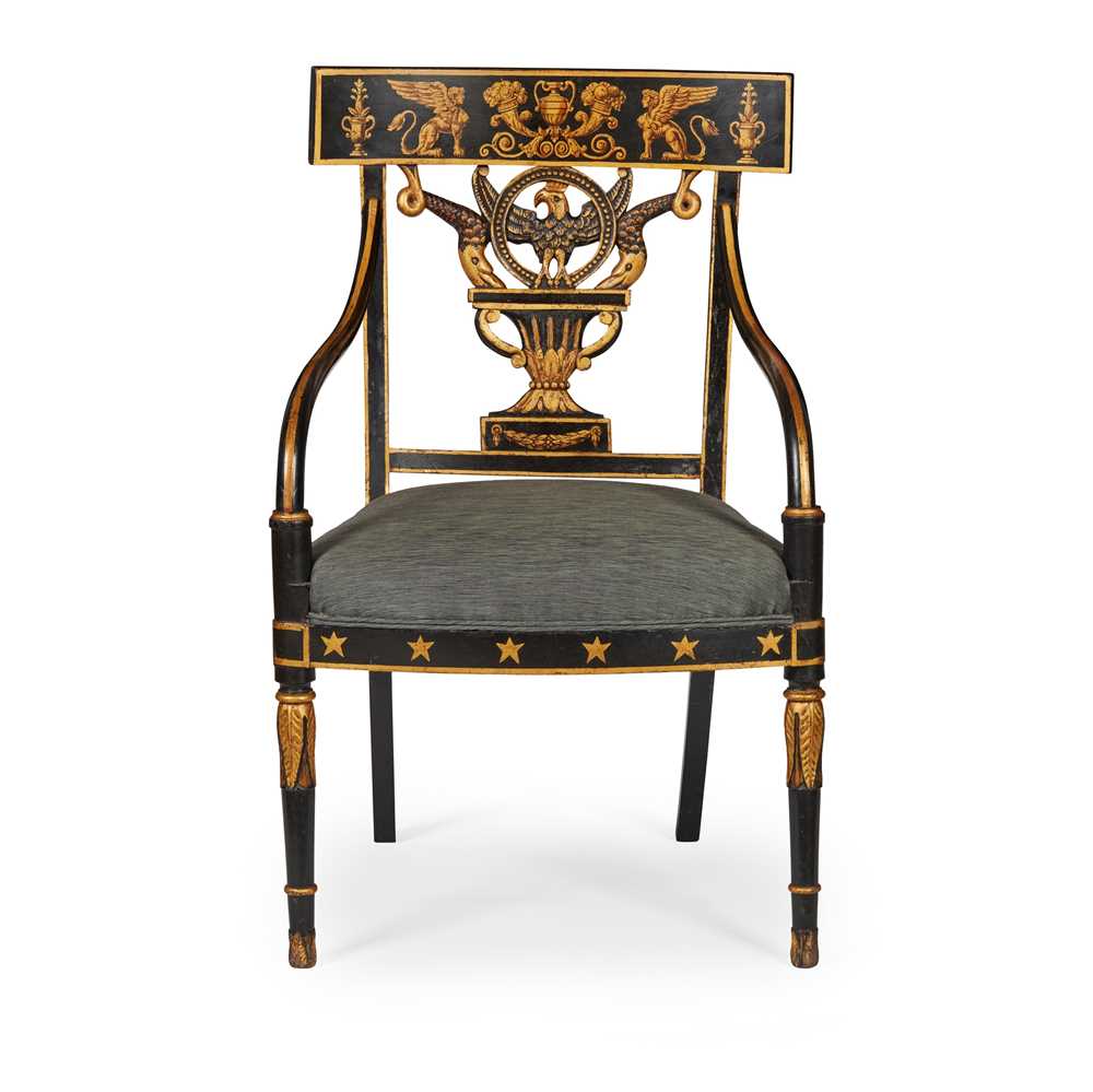 Appraisal: REGENCY EBONISED AND PARCEL GILT DECORATED ARMCHAIR EARLY TH CENTURY