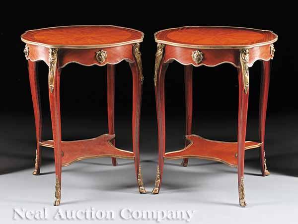 Appraisal: A Pair of Louis XVI-Style Bronze-Mounted Mahogany Occasional Tables segmented