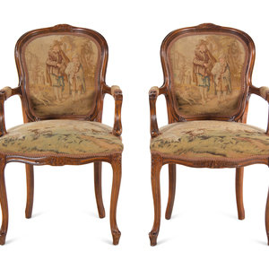 Appraisal: A Pair of Louis XV Style Tapestry Upholstered Fauteuils Early