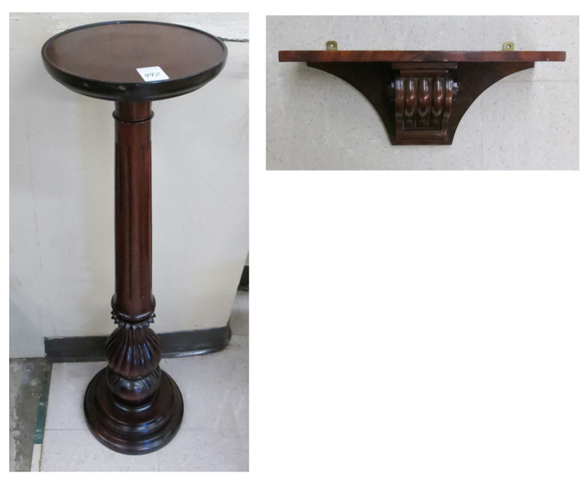 Appraisal: REGENCY STYLE MAHOGANY PEDESTAL PLANT STAND AND BRACKET WALL SHELF