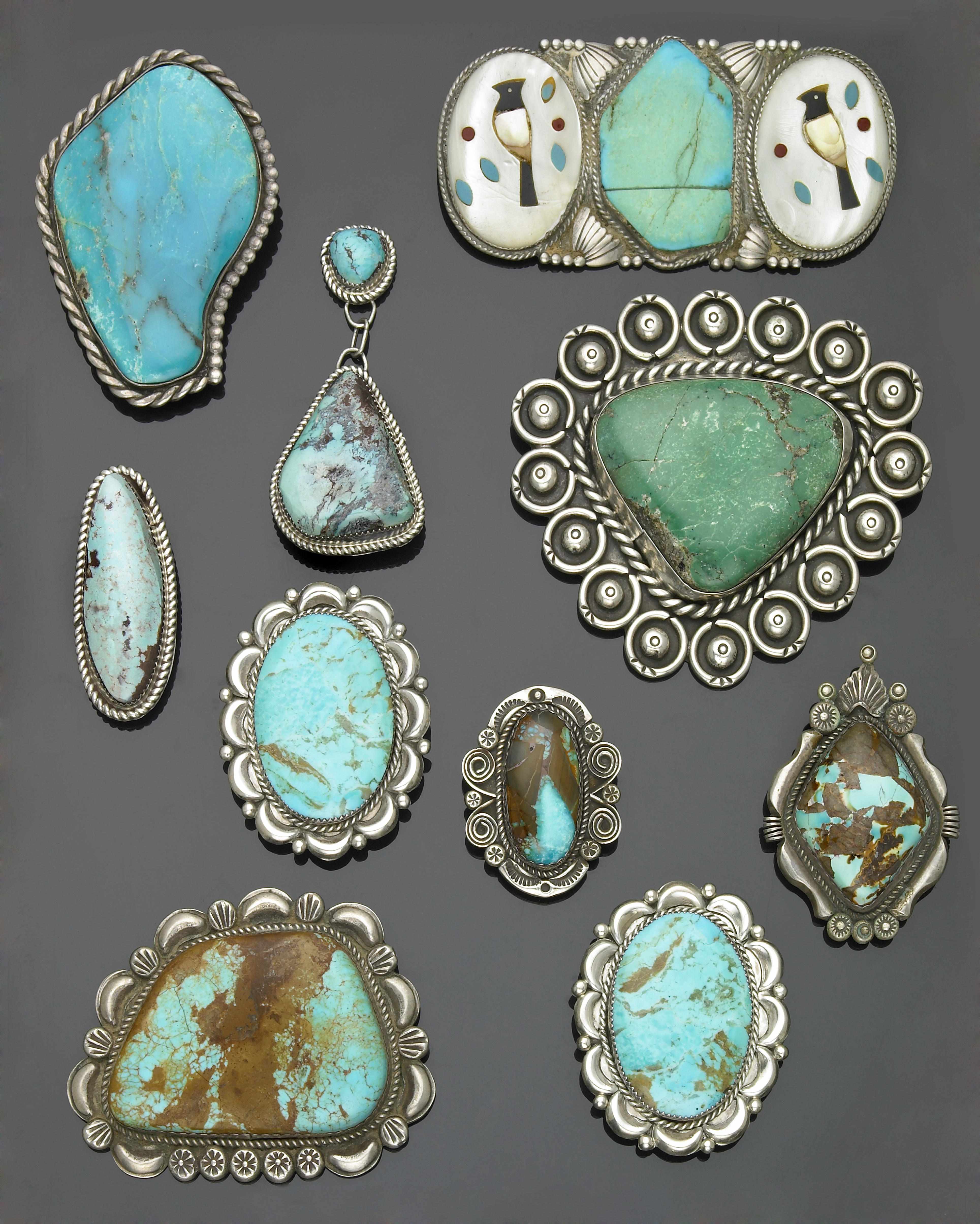 Appraisal: Group of Ten Native American Silver and Turquoise Brooches Including