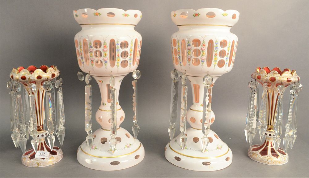 Appraisal: Pair of Overlay and Enameled Ruby Glass Lusters having trumpet