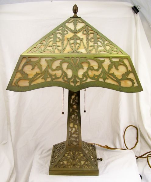 Appraisal: Arts n Crafts Style Slag Glass Lamp Pierced brass decoration