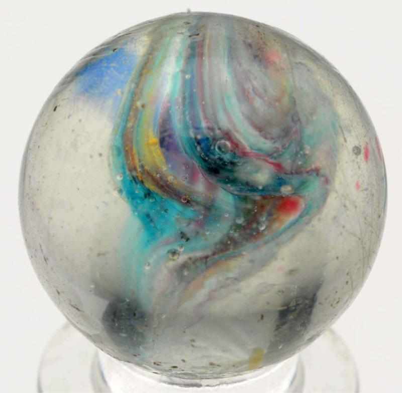 Appraisal: Single Pontil Flaming End of Day Cloud Marble Beautiful single