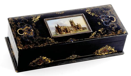 Appraisal: English papier-mache box circa hinged cover inset with painted panel