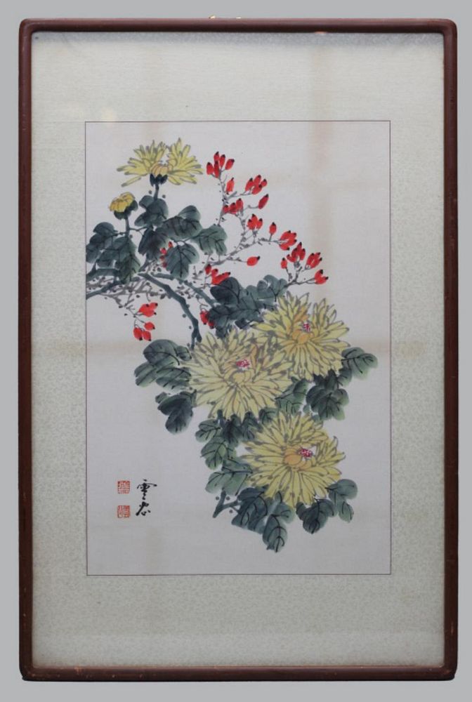 Appraisal: Chinese watercolor painting w floral motif hand painted on rice