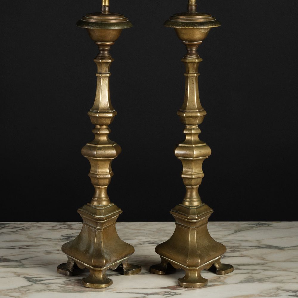 Appraisal: Pair of Continental Baroque Style Brass Candlesticks Mounted as Lamps