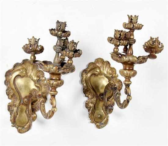 Appraisal: Pair French bronze four-light wall sconces th century cartouche and