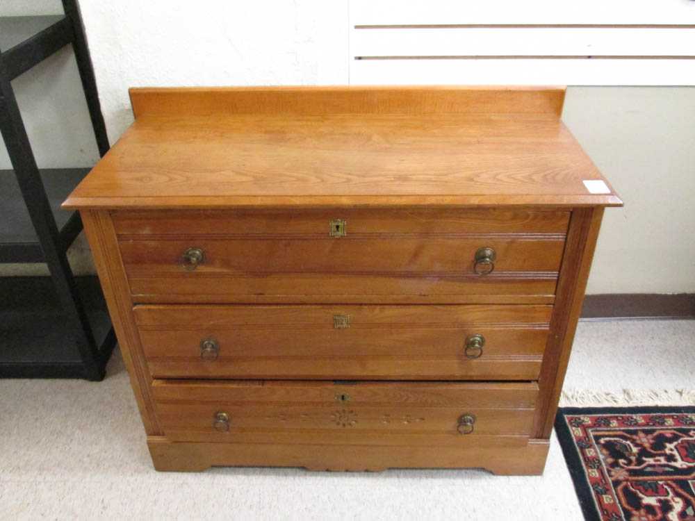 Appraisal: VICTORIAN THREE-DRAWER CHEST Eastlake design American late th century of