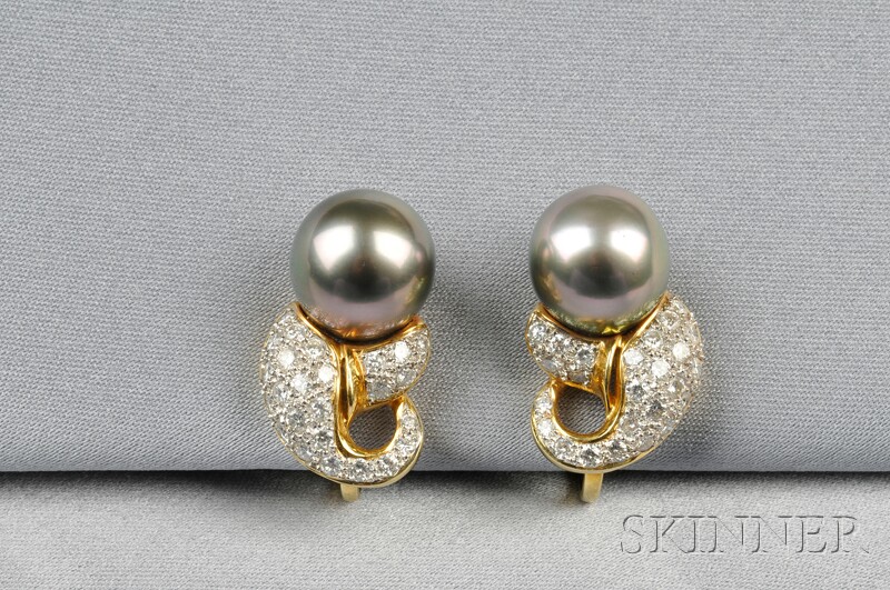 Appraisal: kt Gold Gray Pearl and Diamond Earclips each set with