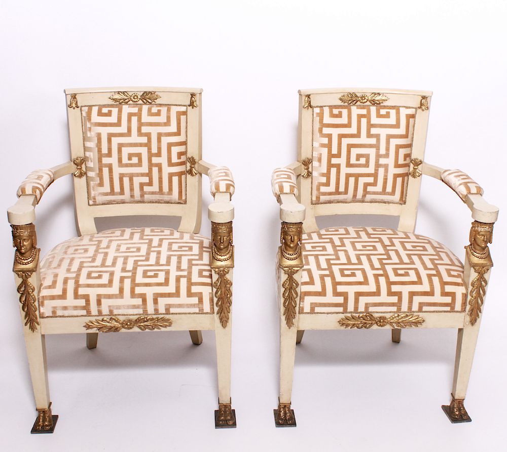 Appraisal: Egyptian Revival Parcel Gilt Arm Chairs Pair of Egyptian Revival