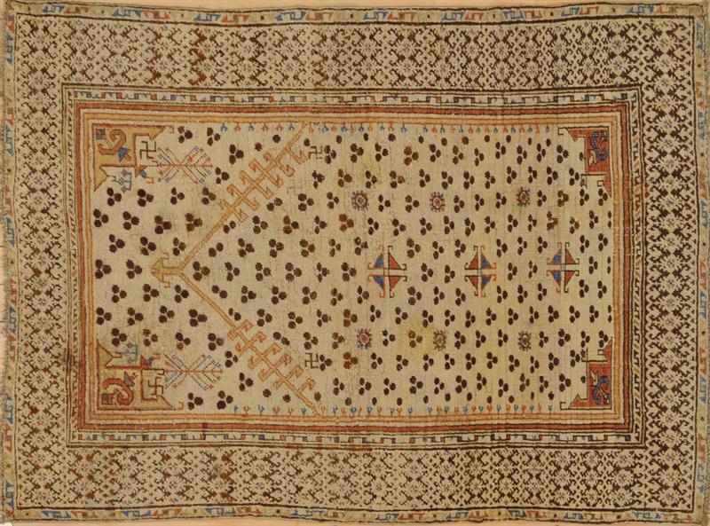 Appraisal: CAUCASIAN CREAM-GROUND PRAYER RUG With trefoil dot and latched motives