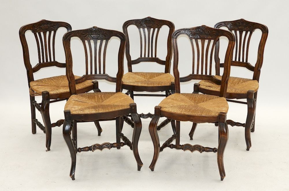 Appraisal: Set French Country Fruitwood Floral Crest Chairs France th Century