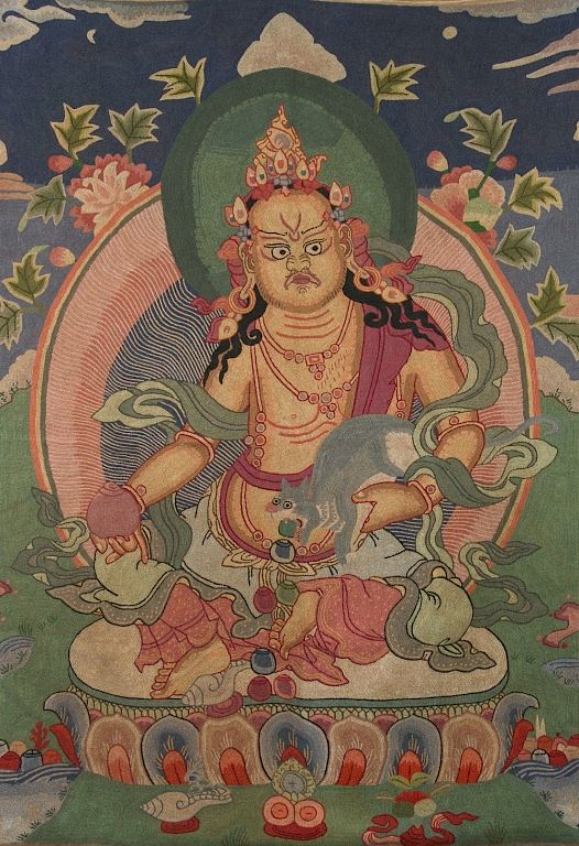 Appraisal: THANGKA OF JAMBHALA QING Embroidered in colored threads depicting yellow