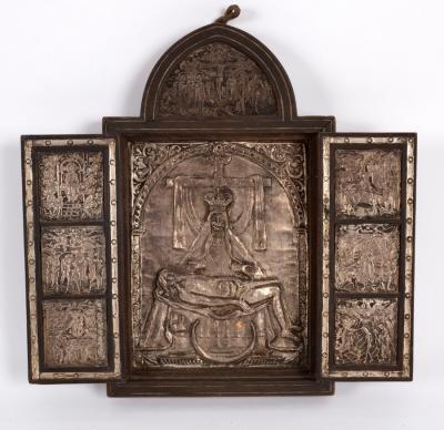 Appraisal: A Greek triptych circa embossed in sheet silver with various