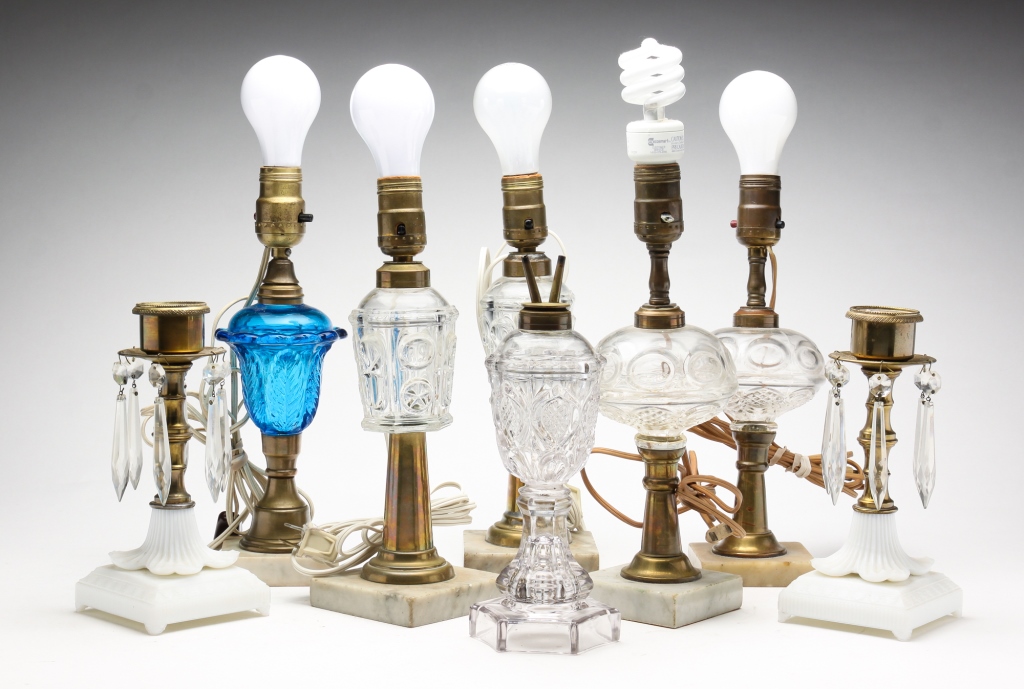 Appraisal: EIGHT PIECES AMERICAN LIGHTING Mid-nineteenth century Five glass font oil