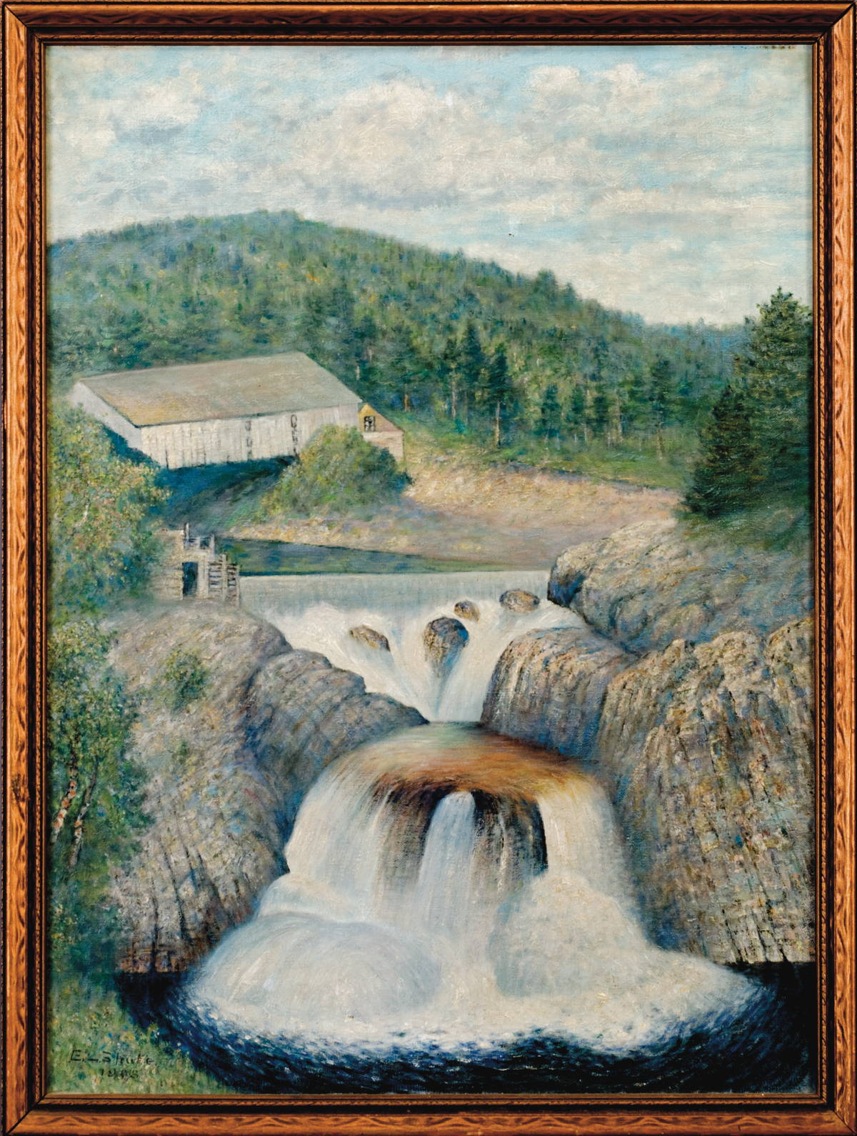 Appraisal: PRIMITIVE LANDSCAPE WITH AN OLD MILL AND WATERFALL Oil on