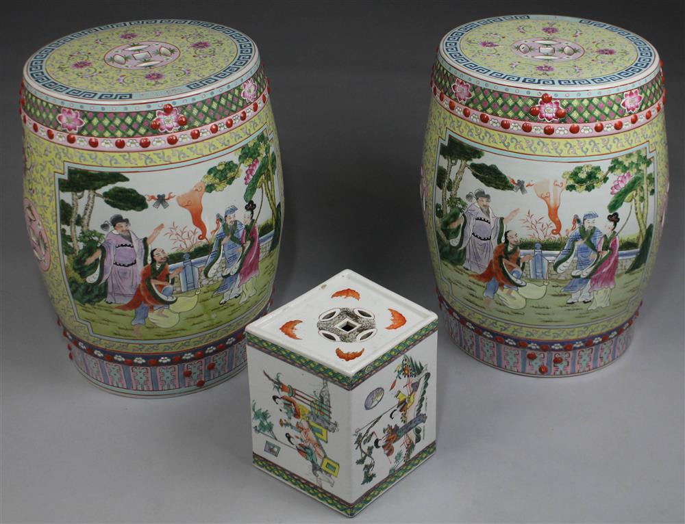 Appraisal: PAIR OF CHINESE FAMILLE ROSE GARDEN STOOLS each of barrel