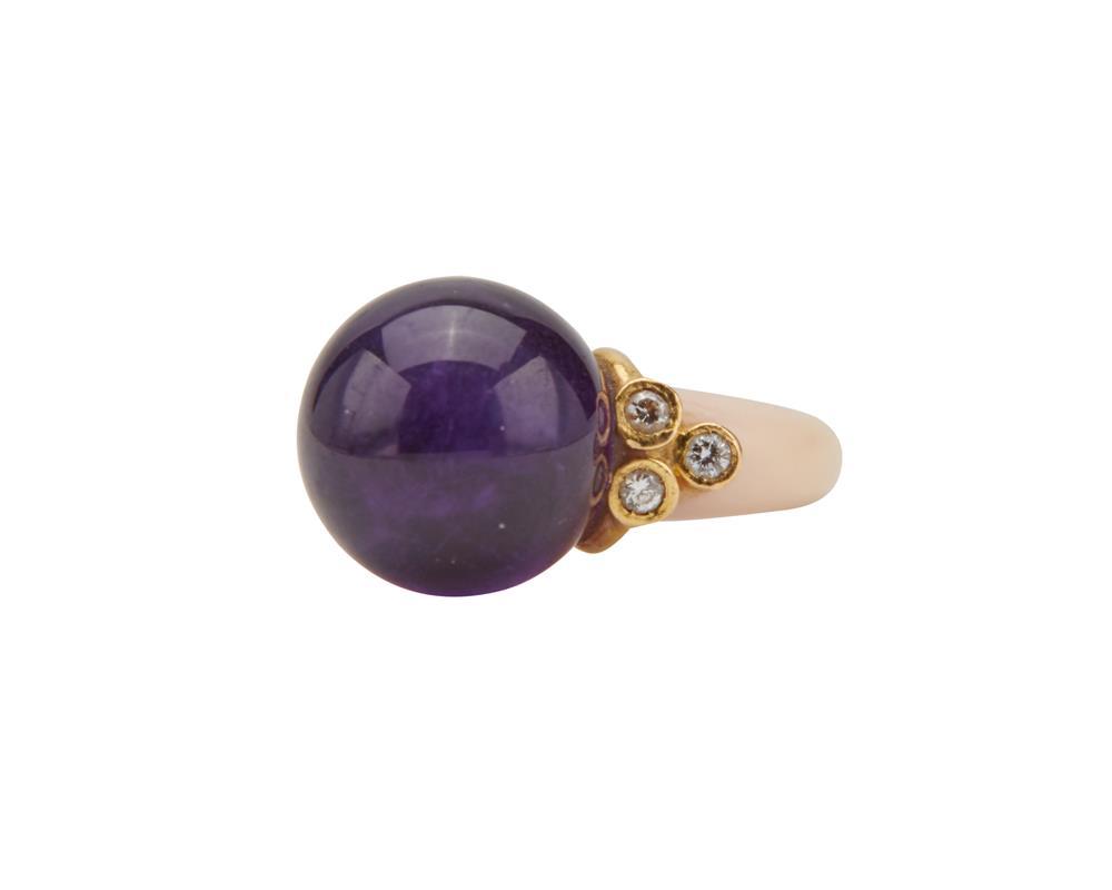 Appraisal: K Gold Amethyst Coral and Diamond Ring centering a round