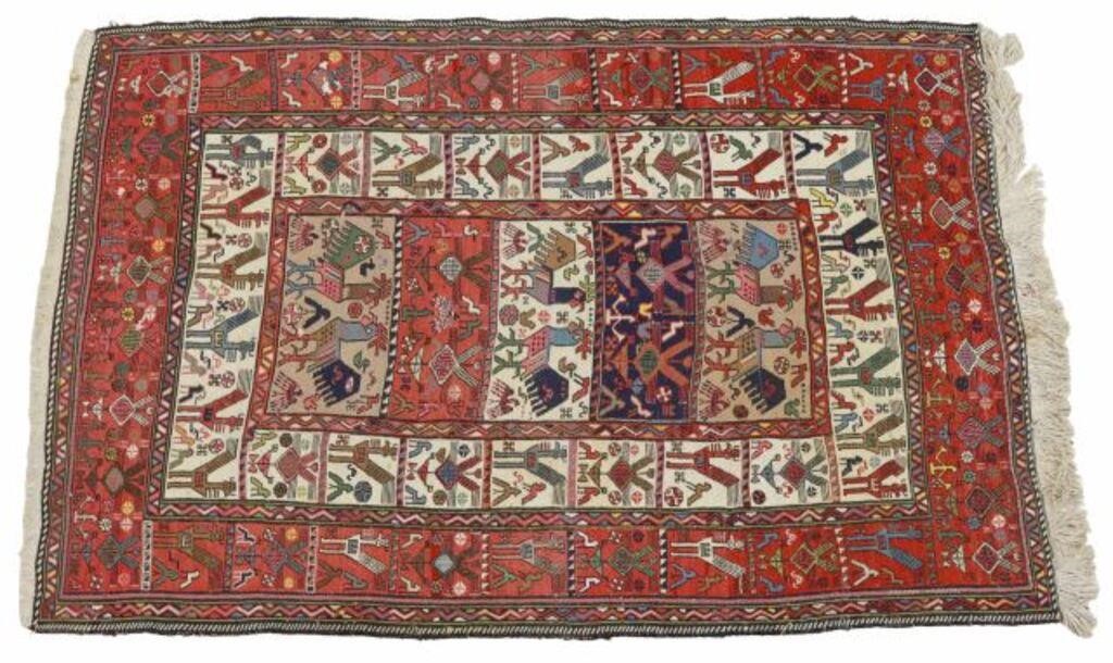 Appraisal: Hand-tied Persian flat weave rug having a rooster motif approx