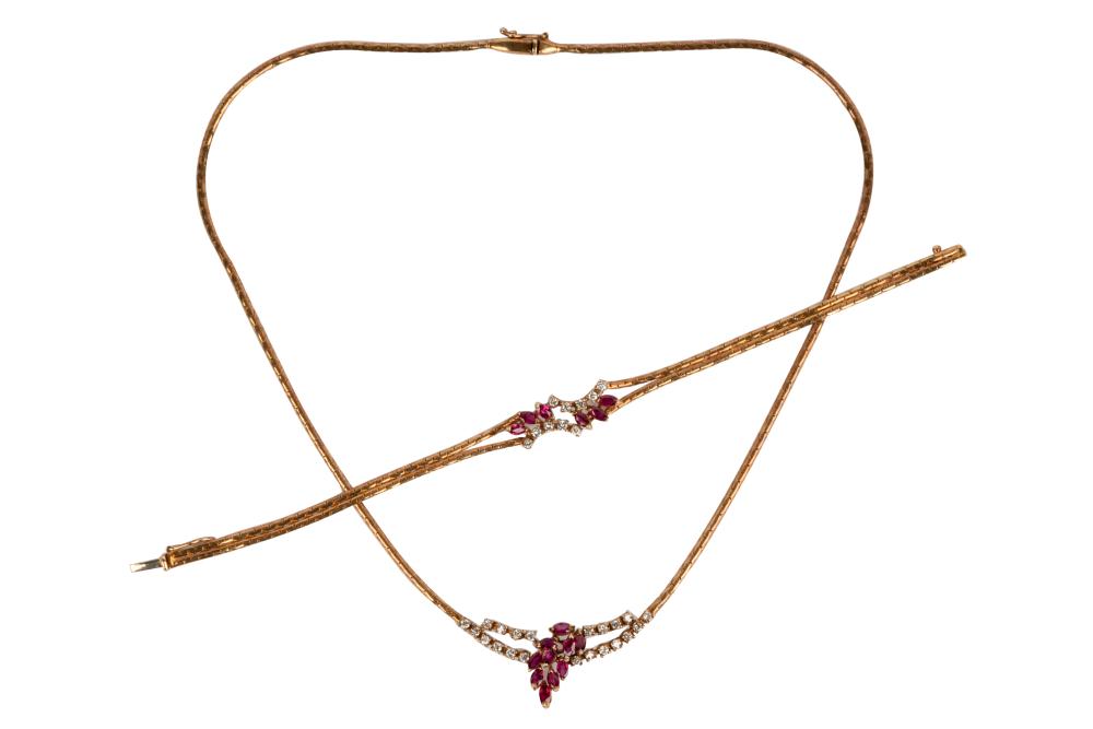 Appraisal: SUITE OF KARAT YELLOW GOLD DIAMOND RUBY JEWELRYcomprising a necklace