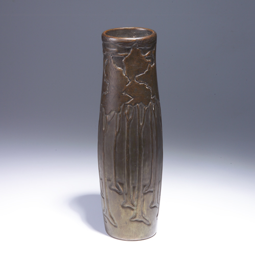 Appraisal: Exceptional and rare CLEWELL OWENS tall vase embossed with trees