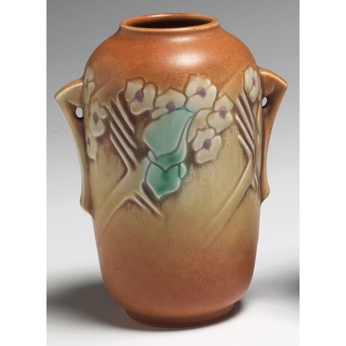 Appraisal: Roseville Clemana vase double handled form in brown and yellow