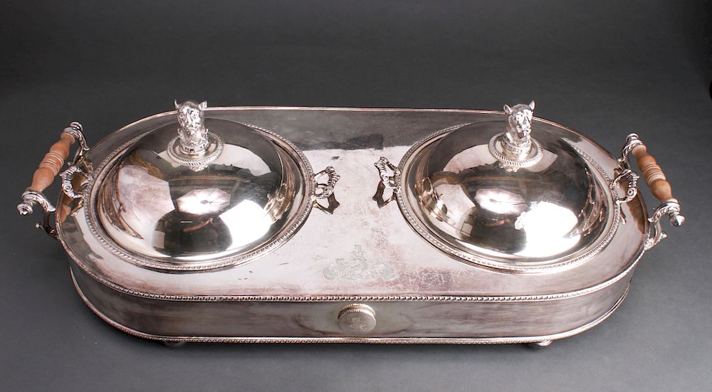 Appraisal: Regency Style Silverplate Double Chafing Dish Regency Style silver-plate double