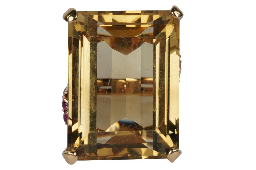 Appraisal: RETRO ERA KARAT YELLOW GOLD RUBY CITRINE RINGcentering one cut