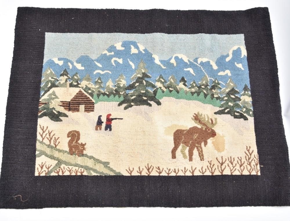 Appraisal: Pictorial hooked rug of hunting moose in the snow w