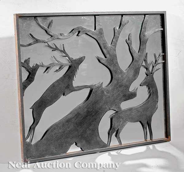 Appraisal: An Art Moderne Iron Mirror with silhouette of deer height