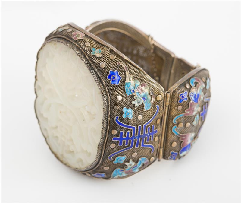 Appraisal: SILVER JADE AND ENAMEL CUFF Set at the center with