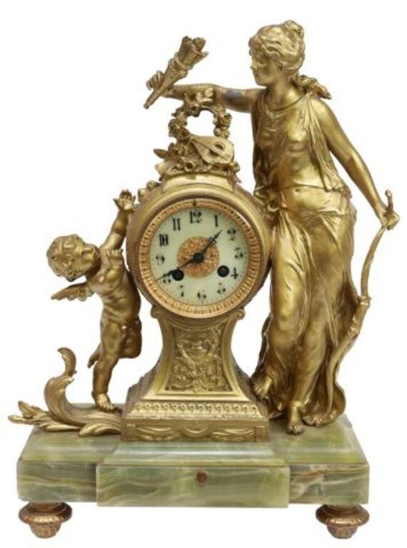 Appraisal: French metal and onyx mantel clock th c depicting Cupid