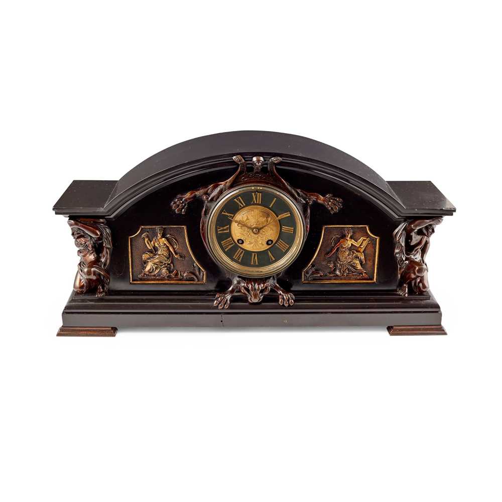 Appraisal: ENGLISH MANTEL CLOCK CIRCA polished slate set with patinated bronze